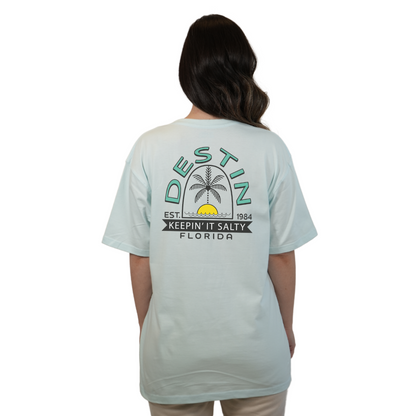 Destin Florida Combed Cotton Women T-Shirt with a Front Pocket Design and back big Palm Tree - Sun Arc Letters Design Style CC1000