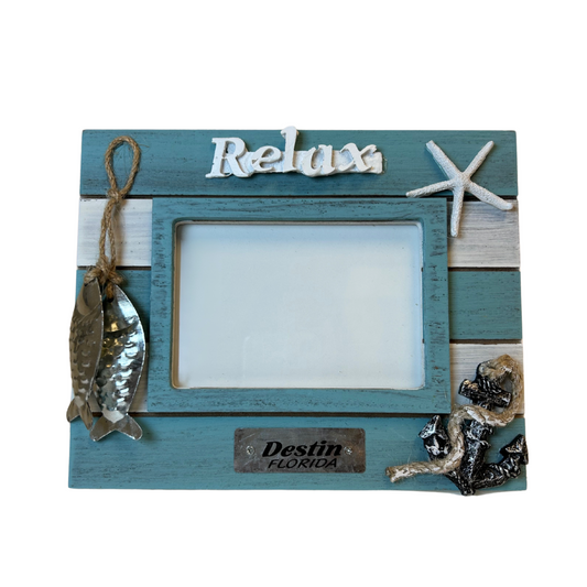 Destin Frame Wood W/ Fish and Starsfish Color Turquoise 3.5"*5"