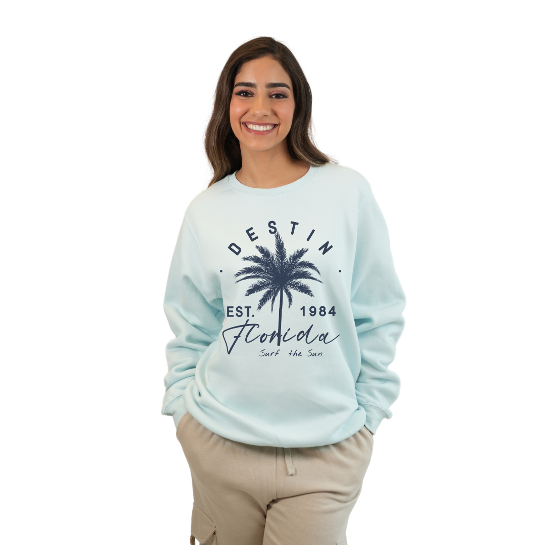 Destin Florida Fleece Crewneck Sweatshirt Women with a Front Palm Tree Est. 1984 Design Style 067