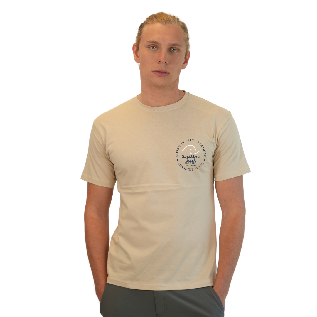 Destin Florida Combed Cotton Men T-Shirt with a Front Pocket Design and back "Living in Salty Paradise" Design Style CC1000