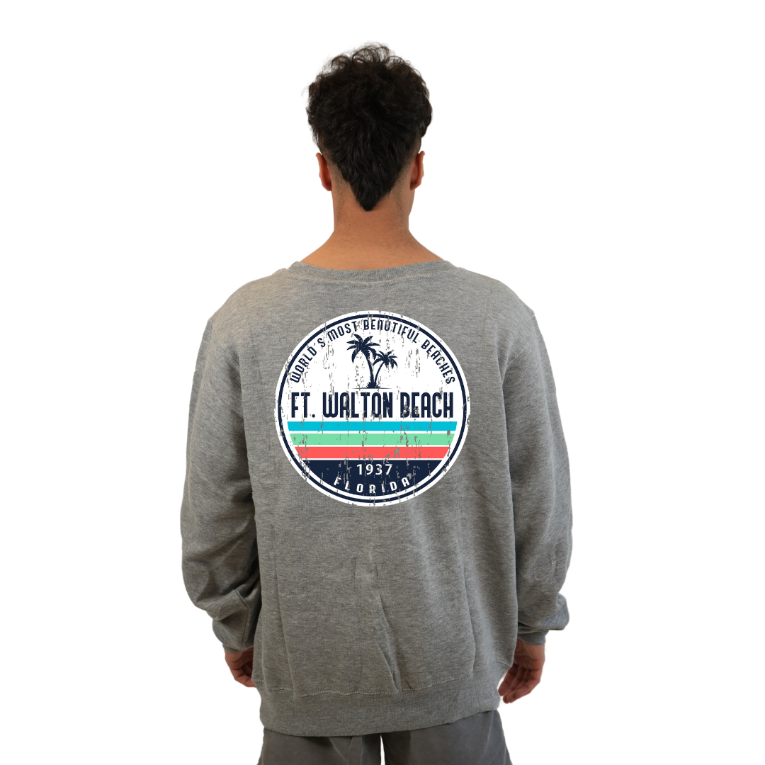 Ft. Walton Beach Fleece Crewneck Sweatshirt Men  a Front Pocket and back big circle 2 Palm Trees 1915 Design Style 067