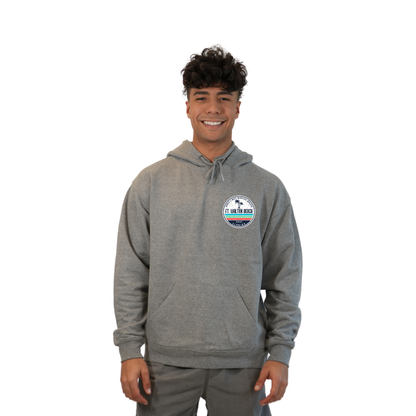 Ft. Walton Beach Pullover Hoodie Men with a a Front Pocket and back big circle 2 Palm Trees 1915 Design Style 252