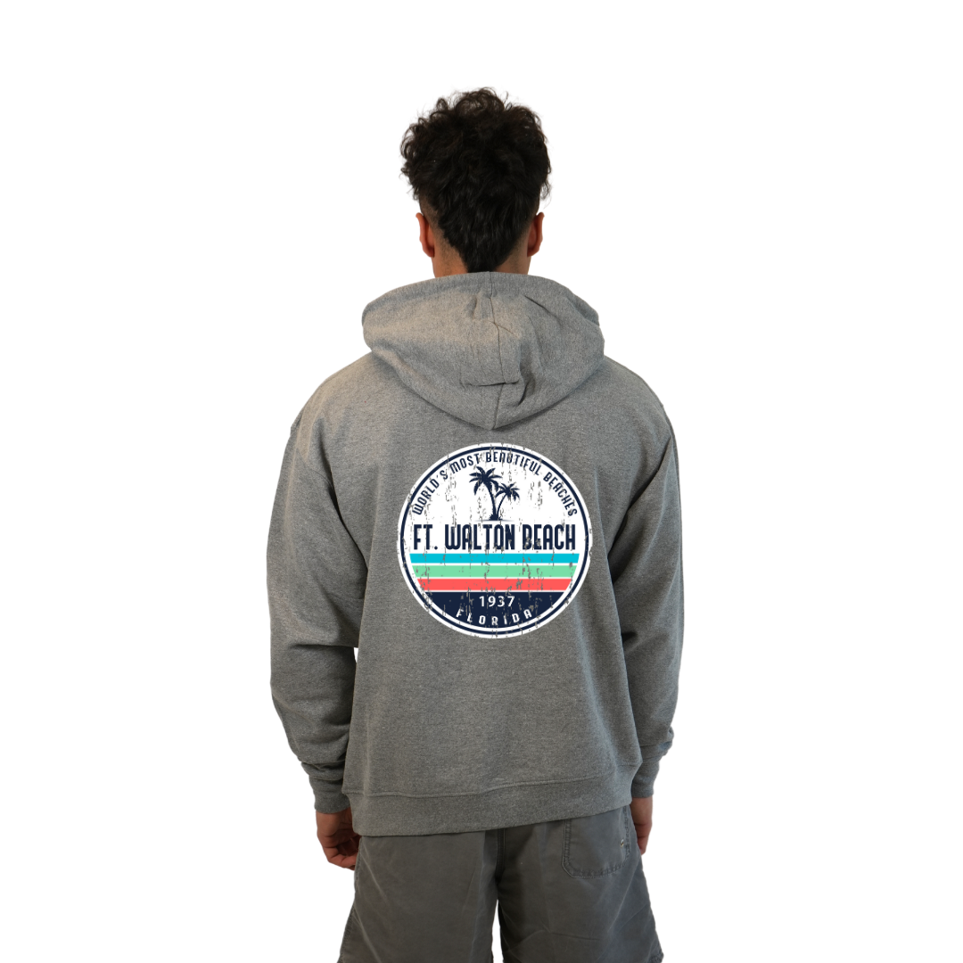 Ft. Walton Beach Pullover Hoodie Men with a a Front Pocket and back big circle 2 Palm Trees 1915 Design Style 252