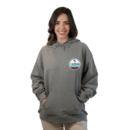 Ft. Walton Beach Pullover Hoodie Women with a a Front Pocket and back big circle 2 Palm Trees 1915 Design Style 252