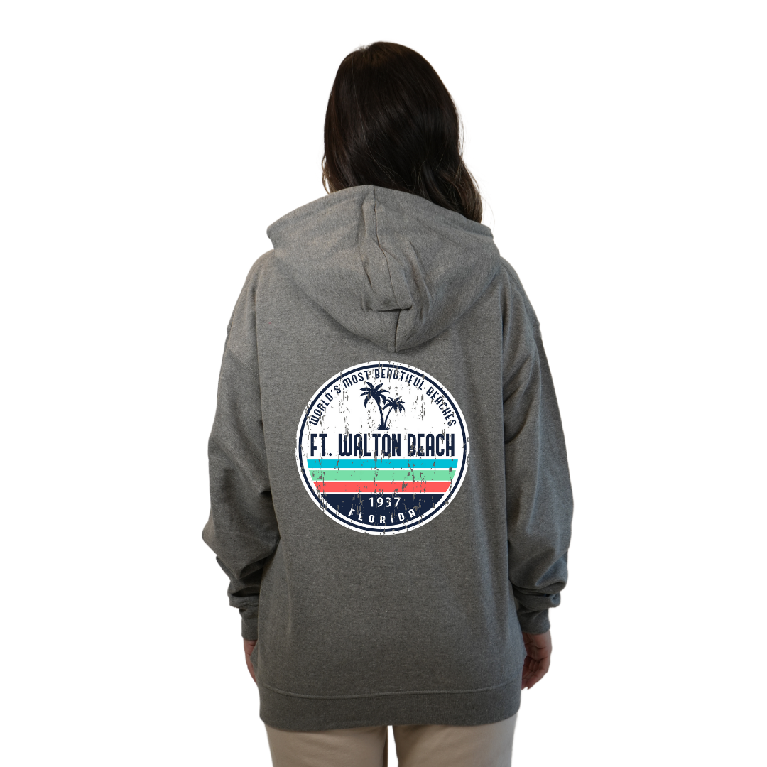 Ft. Walton Beach Pullover Hoodie Women with a a Front Pocket and back big circle 2 Palm Trees 1915 Design Style 252