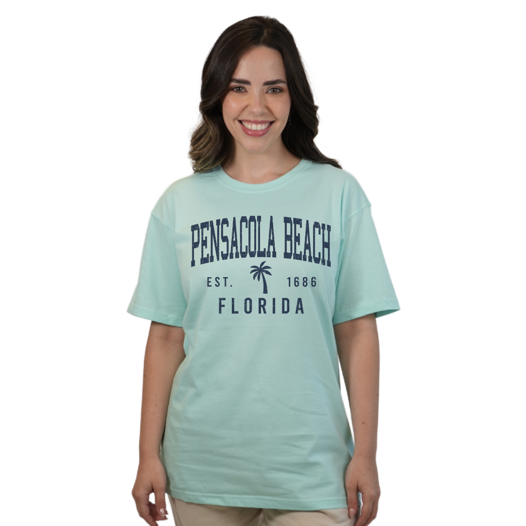 Pensacola Beach Combed Cotton Women T-Shirt with a Front Palm Tree Design Est. 1686 Style CC1000 T-SHIRT alvinsisland.com S SEAFOAM