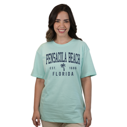 Pensacola Beach Combed Cotton Women T-Shirt with a Front Palm Tree Design Est. 1686 Style CC1000