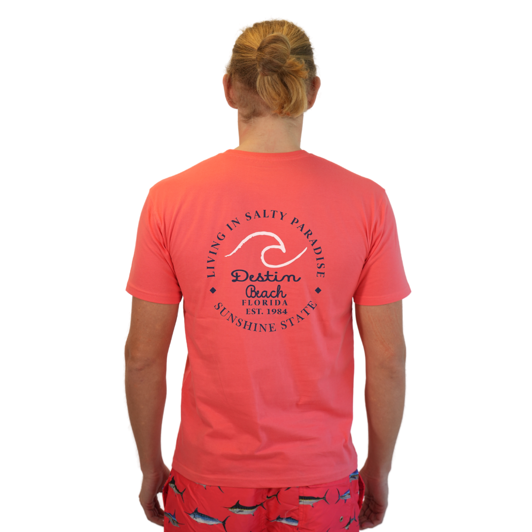 Destin Florida Combed Cotton Men T-Shirt with a Front Pocket Design and back "Living in Salty Paradise" Design Style CC1000