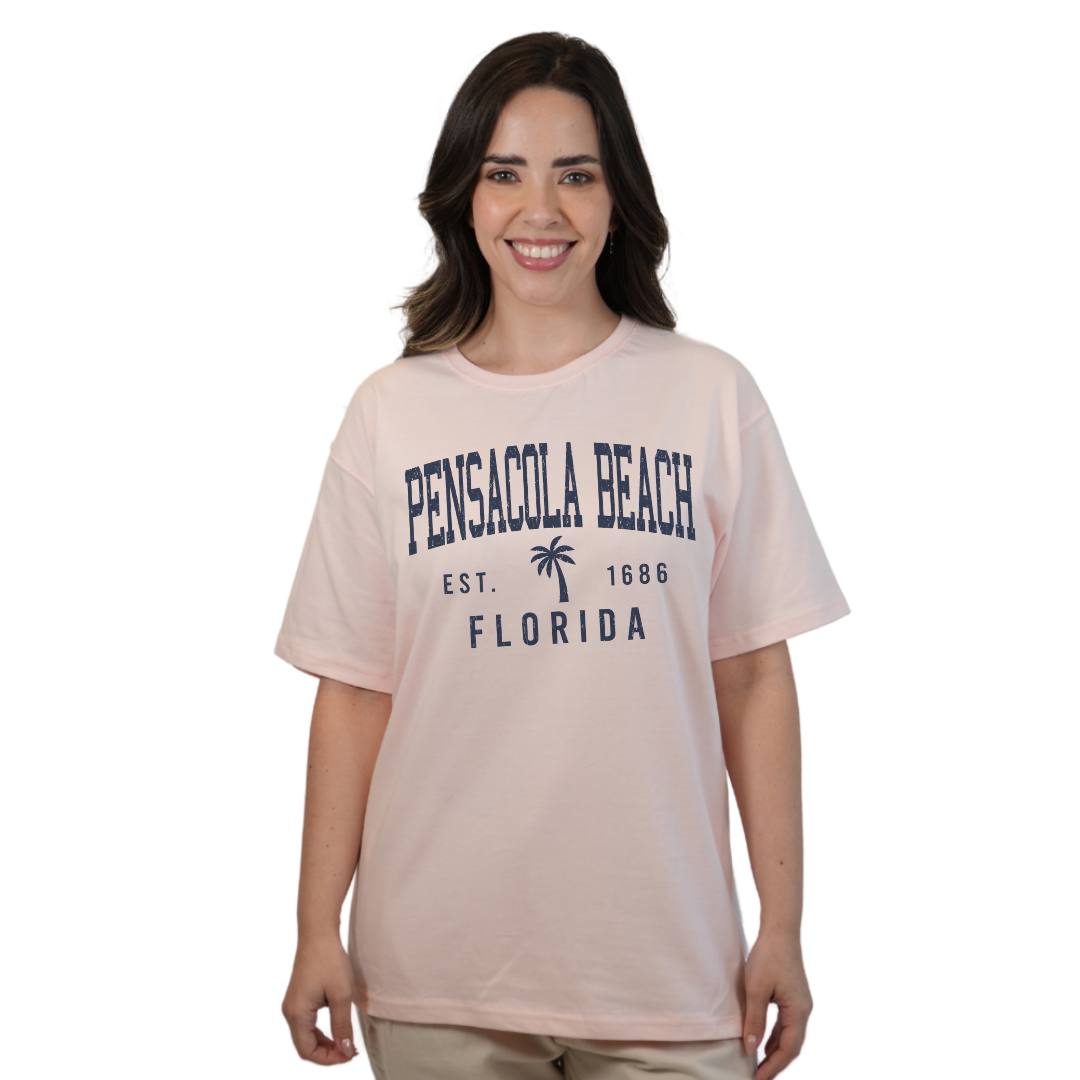 Pensacola Beach Combed Cotton Women T-Shirt with a Front Palm Tree Design Est. 1686 Style CC1000