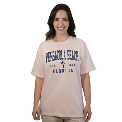 Pensacola Beach Combed Cotton Women T-Shirt with a Front Palm Tree Design Est. 1686 Style CC1000