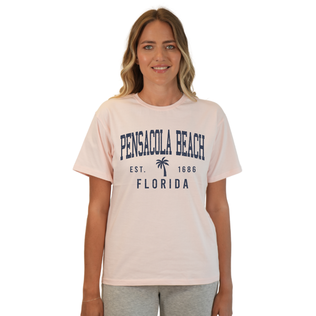 Pensacola Beach Combed Cotton Women T-Shirt with a Front Palm Tree Design Est. 1686 Style CC1000