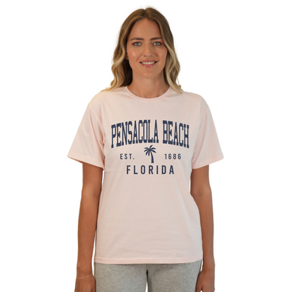 Pensacola Beach Combed Cotton Women T-Shirt with a Front Palm Tree Design Est. 1686 Style CC1000