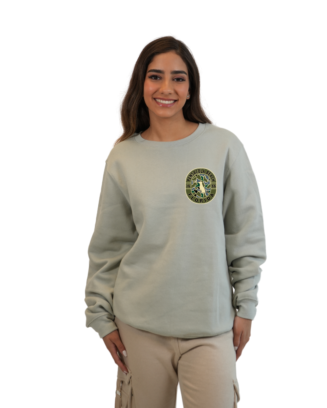 Pensacola Beach Dog 1984 Women  Crewneck – Camouflage Edition