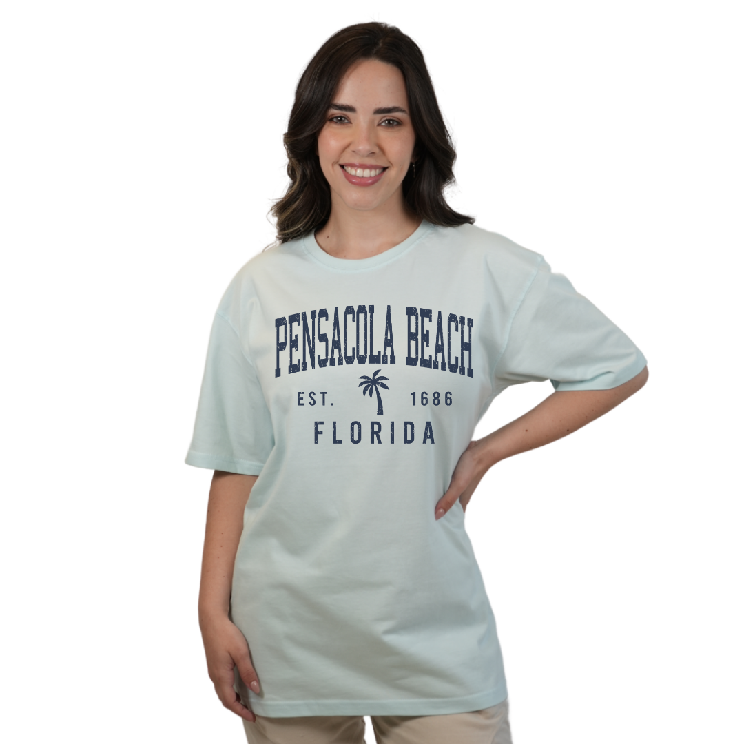 Pensacola Beach Combed Cotton Women T-Shirt with a Front Palm Tree Design Est. 1686 Style CC1000