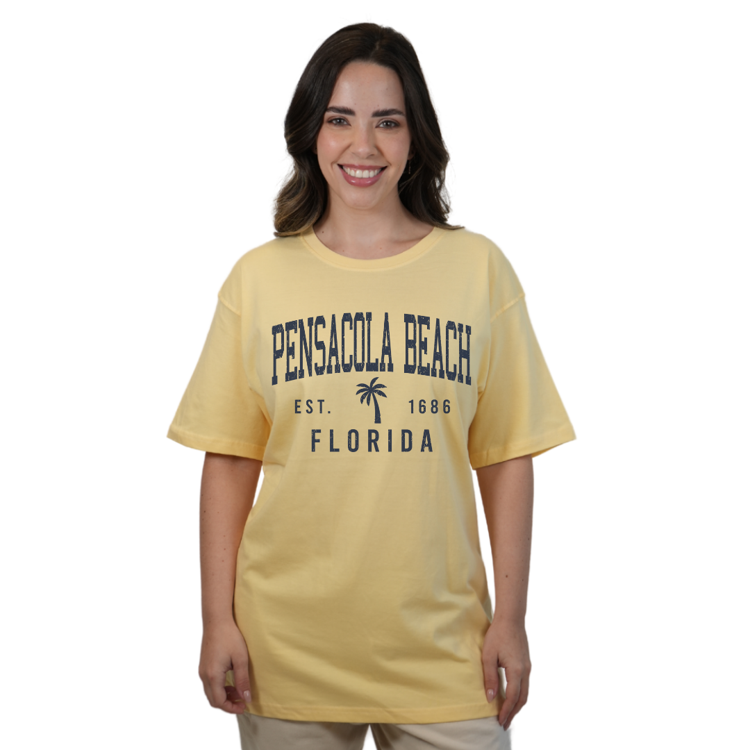 Pensacola Beach Combed Cotton Women T-Shirt with a Front Palm Tree Design Est. 1686 Style CC1000