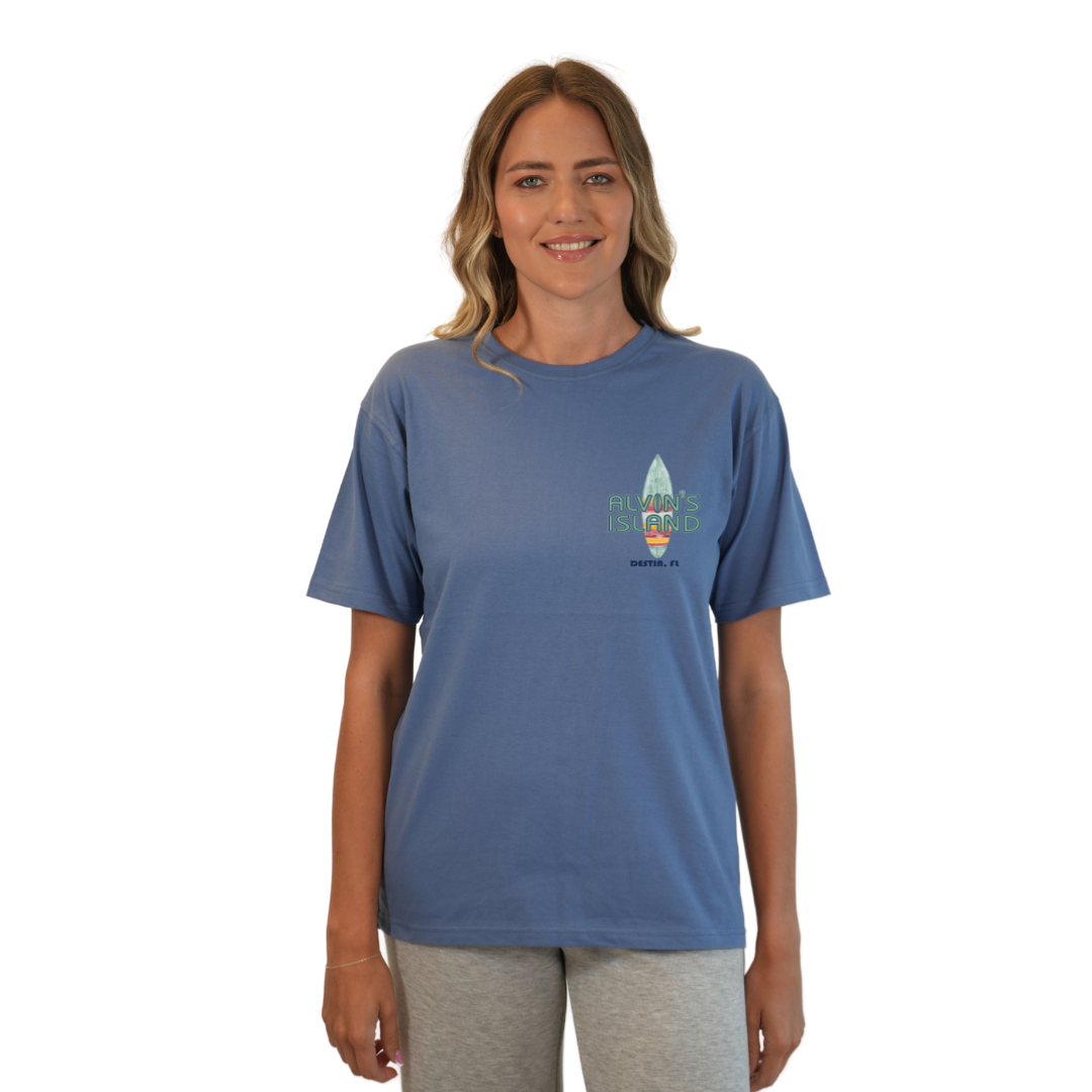 Destin Combed Cotton Women T-Shirt with a Alvin's island Surf Board Design Style CC1000