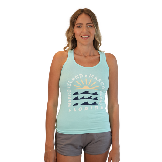 Marco Island Women Racerback Tank with Sun and waves Design Color Turquoise Style 349