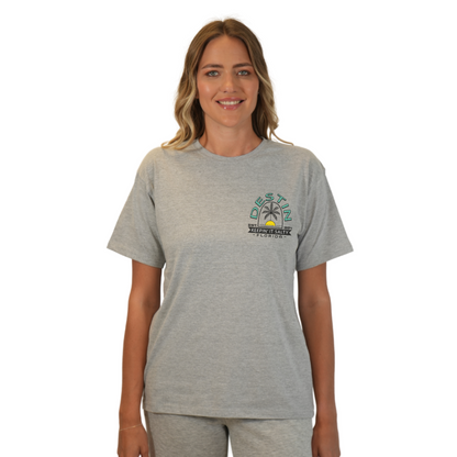 Destin Florida Combed Cotton Women T-Shirt with a Front Pocket Design and back big Palm Tree - Sun Arc Letters Design Style CC1000