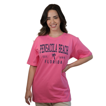 Pensacola Beach Combed Cotton Women T-Shirt with a Front Palm Tree Design Est. 1686 Style CC1000