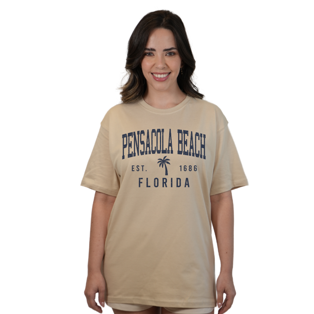 Pensacola Beach Combed Cotton Women T-Shirt with a Front Palm Tree Design Est. 1686 Style CC1000