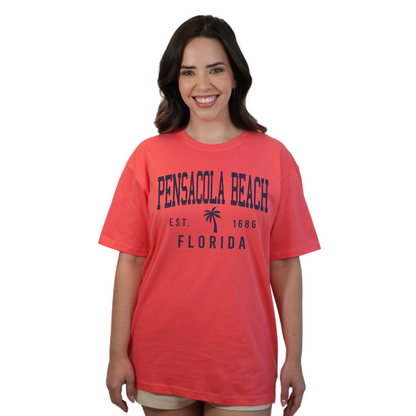 Pensacola Beach Combed Cotton Women T-Shirt with a Front Palm Tree Design Est. 1686 Style CC1000