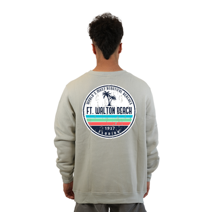 Ft. Walton Beach Fleece Crewneck Sweatshirt Men  a Front Pocket and back big circle 2 Palm Trees 1915 Design Style 067