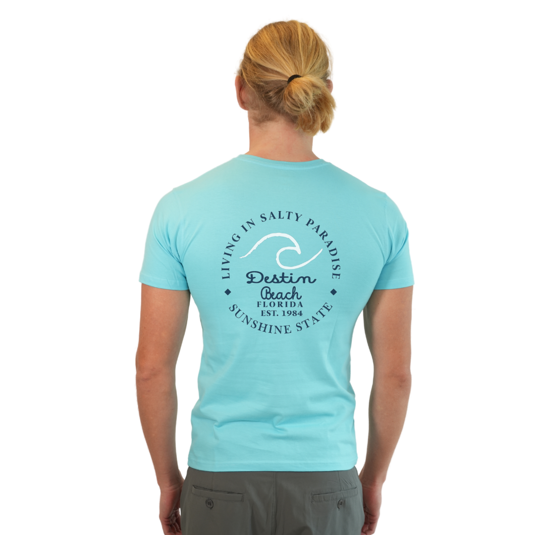 Destin Florida Combed Cotton Men T-Shirt with a Front Pocket Design and back "Living in Salty Paradise" Design Style CC1000