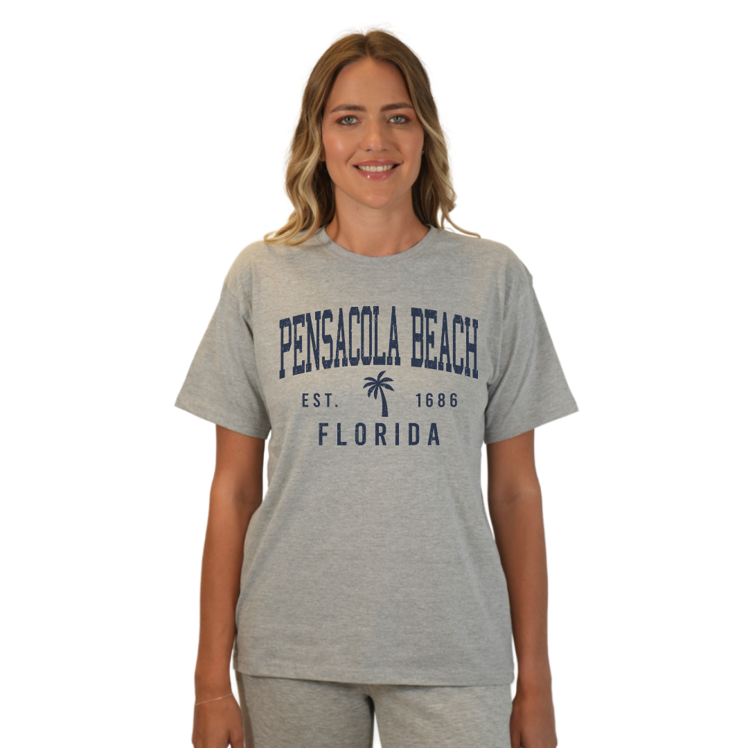 Pensacola Beach Combed Cotton Women T-Shirt with a Front Palm Tree Design Est. 1686 Style CC1000