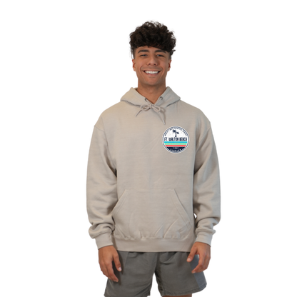 Ft. Walton Beach Pullover Hoodie Men with a a Front Pocket and back big circle 2 Palm Trees 1915 Design Style 252