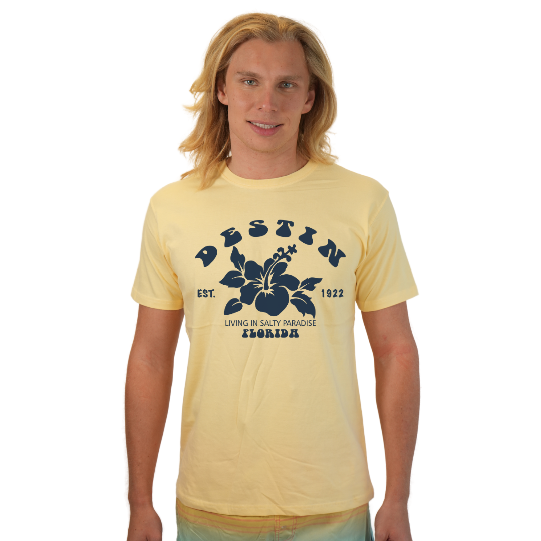 Destin Florida Combed Cotton Men T-Shirt with a Big Front Hibiscus Flower Design Style CC1000