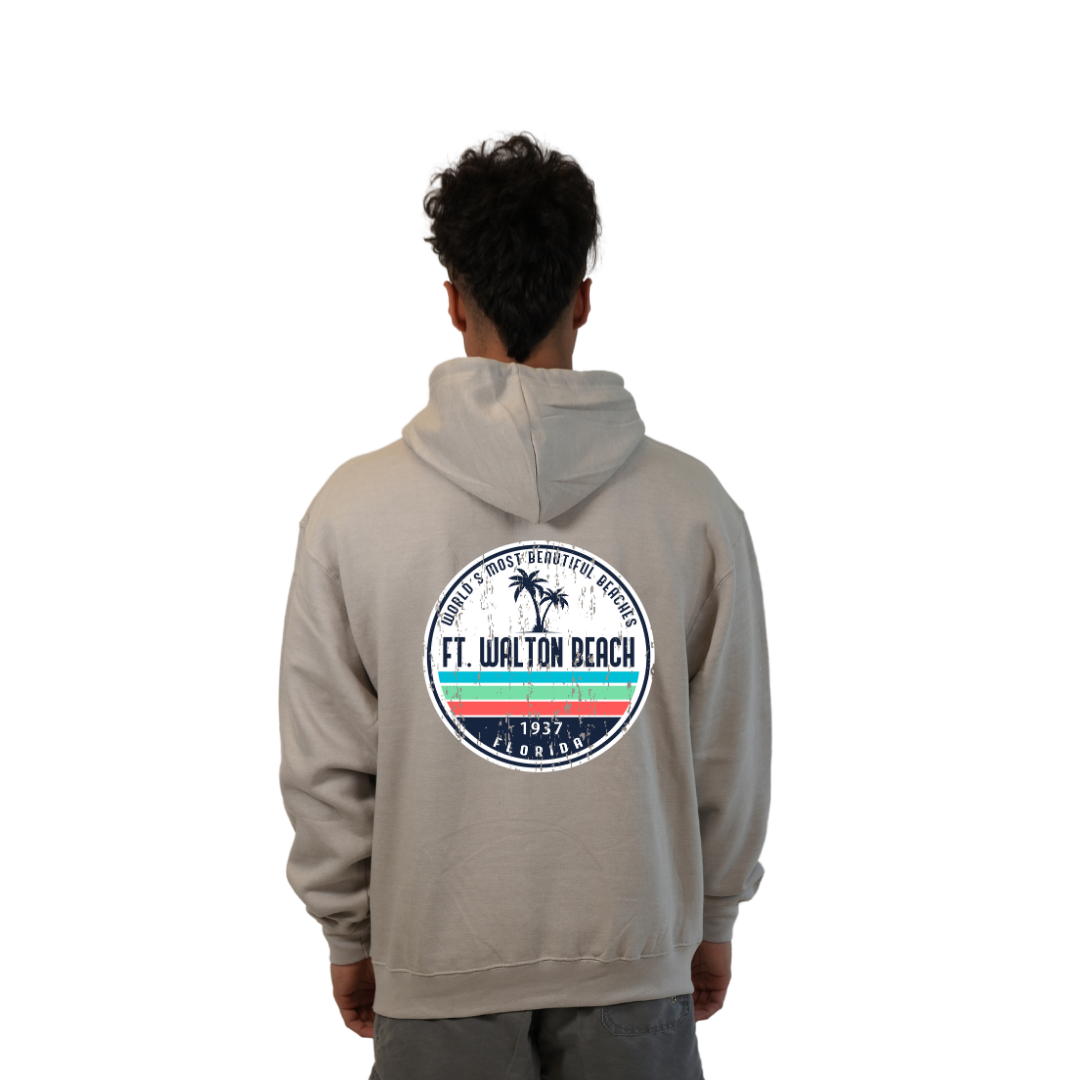 Ft. Walton Beach Pullover Hoodie Men with a a Front Pocket and back big circle 2 Palm Trees 1915 Design Style 252