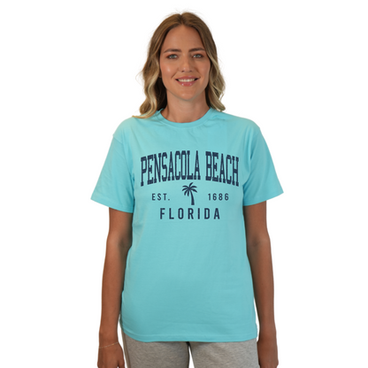 Pensacola Beach Combed Cotton Women T-Shirt with a Front Palm Tree Design Est. 1686 Style CC1000