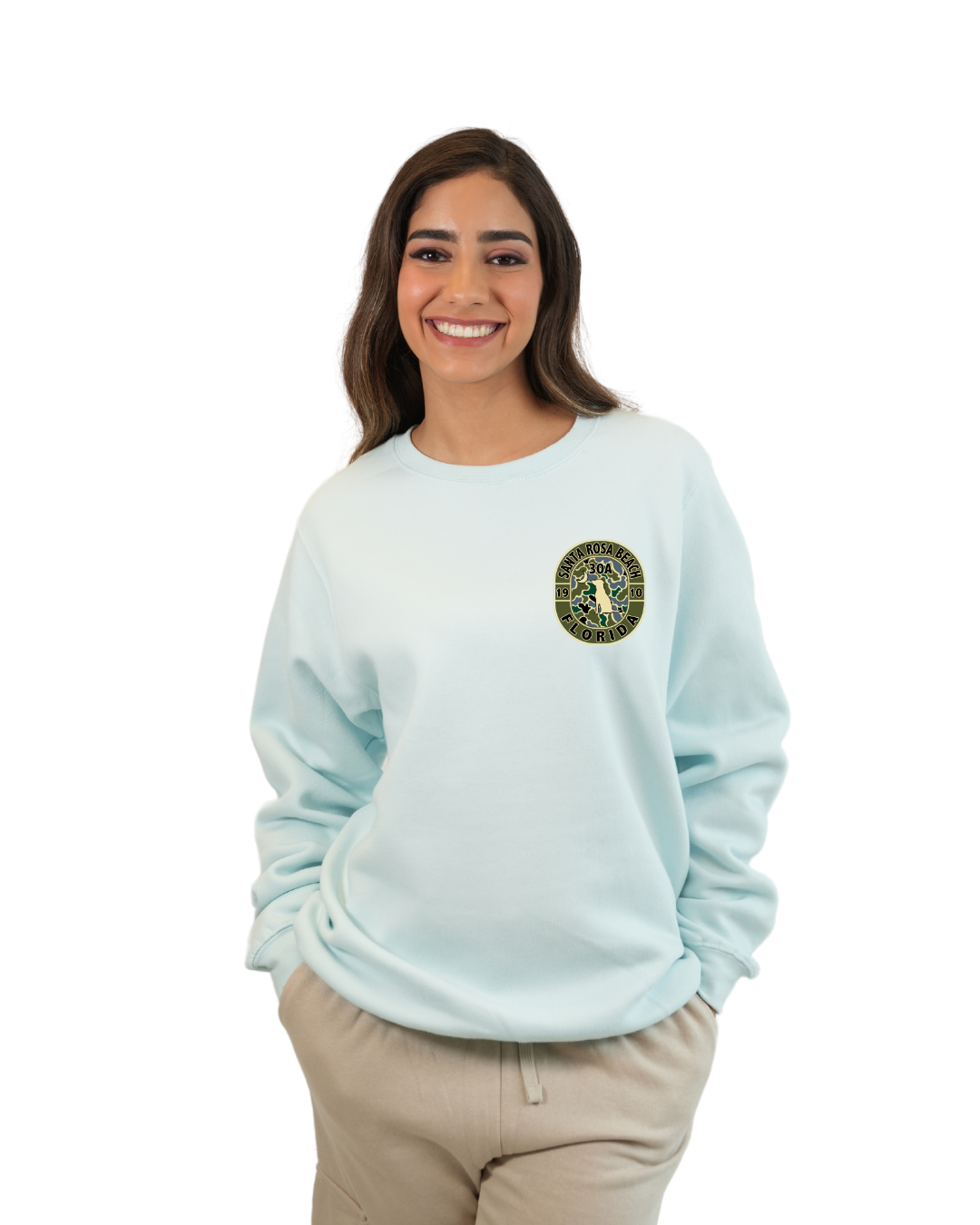 Santa Rosa Beach Dog 1984 Women Crewneck – Camouflage Edition crewneck alvinsisland.com Pool day S
