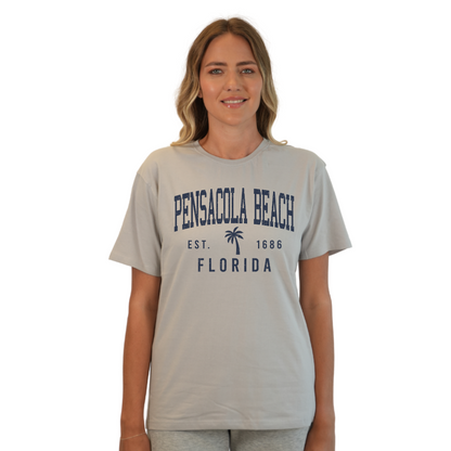 Pensacola Beach Combed Cotton Women T-Shirt with a Front Palm Tree Design Est. 1686 Style CC1000