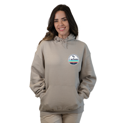 Ft. Walton Beach Pullover Hoodie Women with a a Front Pocket and back big circle 2 Palm Trees 1915 Design Style 252