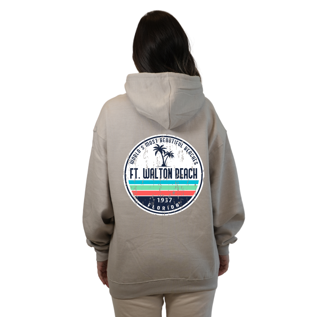 Ft. Walton Beach Pullover Hoodie Women with a a Front Pocket and back big circle 2 Palm Trees 1915 Design Style 252