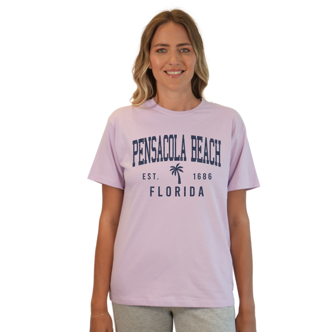 Pensacola Beach Combed Cotton Women T-Shirt with a Front Palm Tree Design Est. 1686 Style CC1000