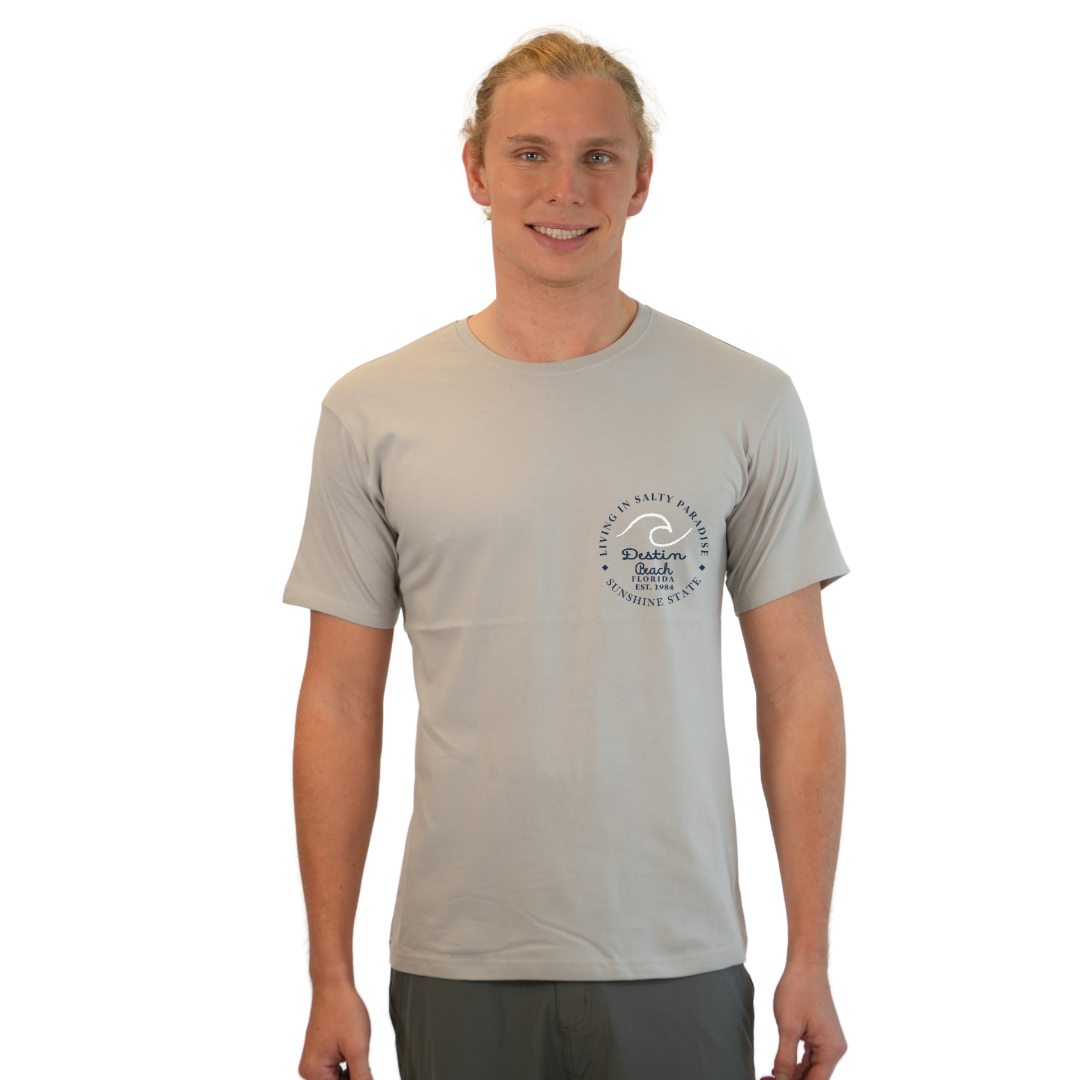 Destin Florida Combed Cotton Men T-Shirt with a Front Pocket Design and back "Living in Salty Paradise" Design Style CC1000