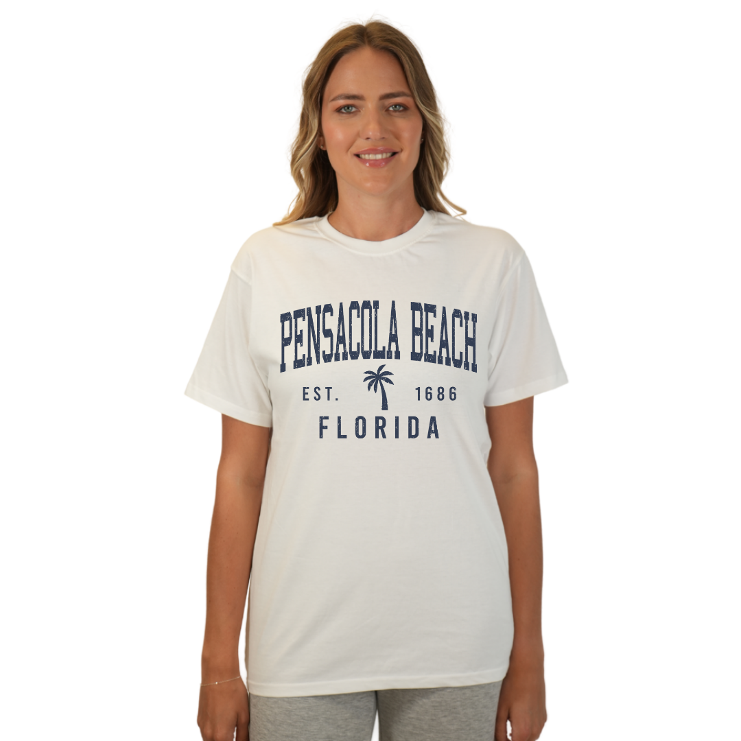 Pensacola Beach Combed Cotton Women T-Shirt with a Front Palm Tree Design Est. 1686 Style CC1000