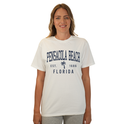 Pensacola Beach Combed Cotton Women T-Shirt with a Front Palm Tree Design Est. 1686 Style CC1000