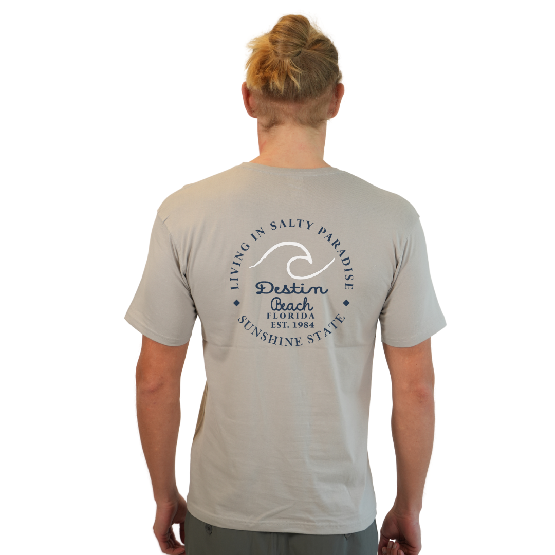 Destin Florida Combed Cotton Men T-Shirt with a Front Pocket Design and back "Living in Salty Paradise" Design Style CC1000