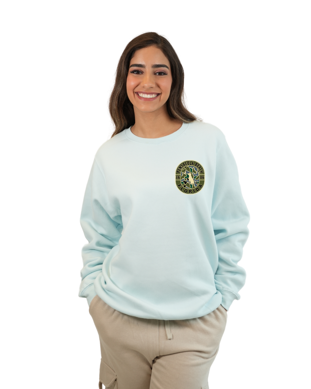 Pensacola Beach Dog 1984 Women  Crewneck – Camouflage Edition