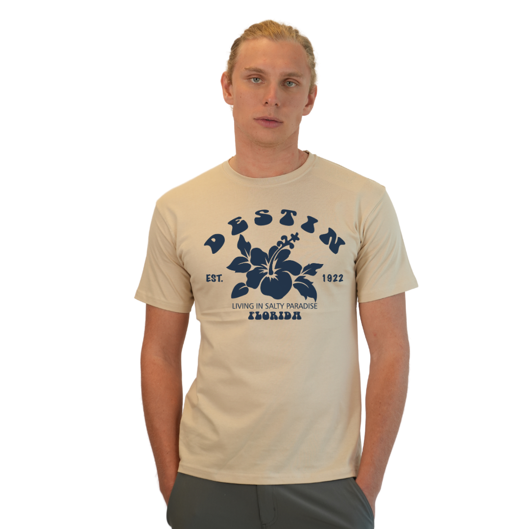 Destin Florida Combed Cotton Men T-Shirt with a Big Front Hibiscus Flower Design Style CC1000