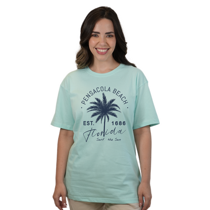 Pensacola Beach Combed Cotton Women T-Shirt with a Front Big Palm Tree Est. 1686 Design Style CC1000