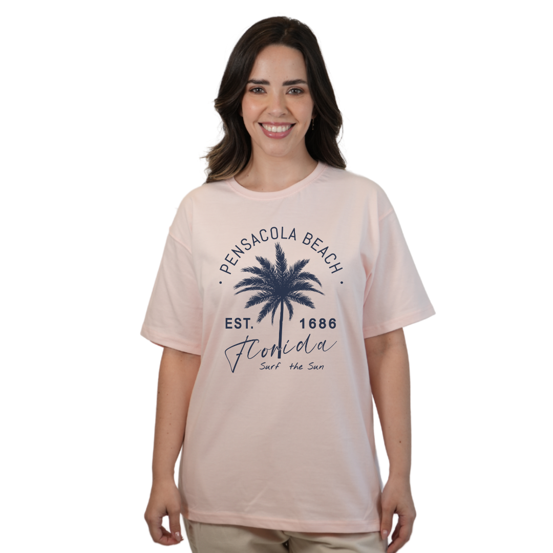 Pensacola Beach Combed Cotton Women T-Shirt with a Front Big Palm Tree Est. 1686 Design Style CC1000