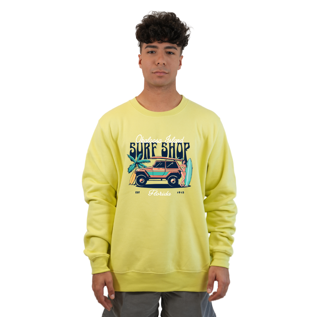 Okaloosa Island Fleece Crewneck Sweatshirt Men  with Surf Shop Front Design Style 067