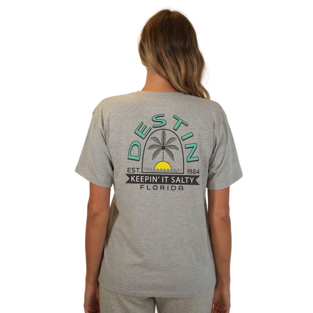 Destin Florida Combed Cotton Women T-Shirt with a Front Pocket Design and back big Palm Tree - Sun Arc Letters Design Style CC1000