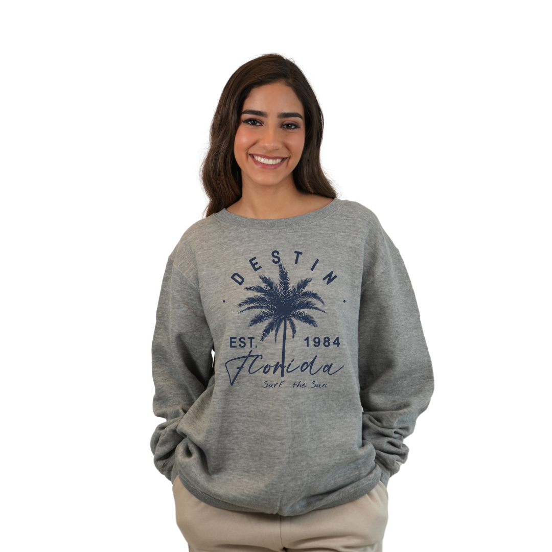 Destin Florida Fleece Crewneck Sweatshirt Women with a Front Palm Tree Est. 1984 Design Style 067