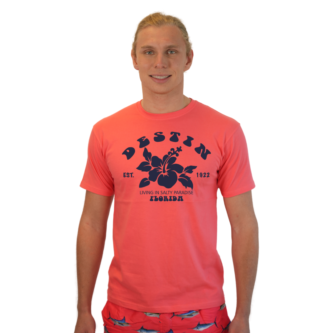 Destin Florida Combed Cotton Men T-Shirt with a Big Front Hibiscus Flower Design Style CC1000