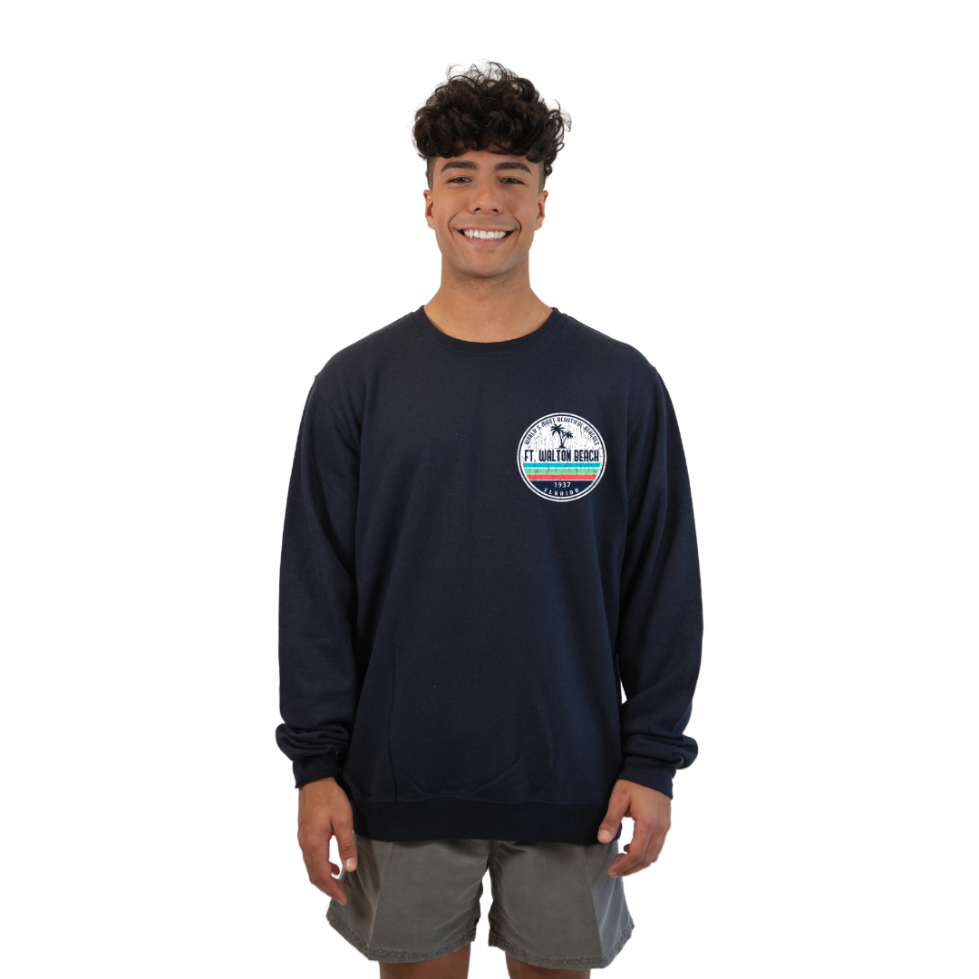 Ft. Walton Beach Fleece Crewneck Sweatshirt Men  a Front Pocket and back big circle 2 Palm Trees 1915 Design Style 067